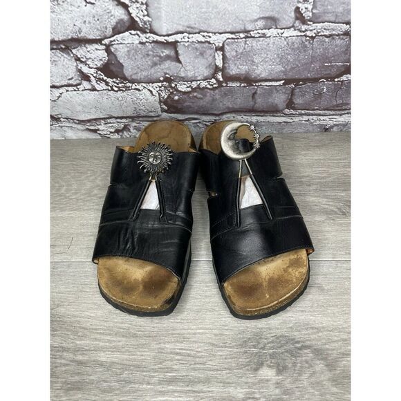 Think! Black Leather Cork Sun Moon Silver Wedge Sandals Women Sz 37EU/6.5M US - Picture 4 of 16